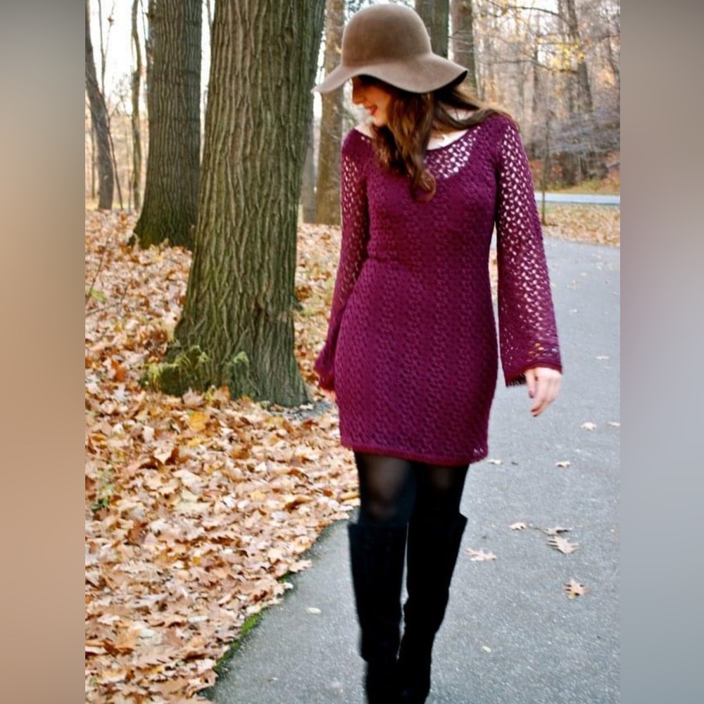 Free People bohemian purple crochet mini dress with bell sleeves, size M
